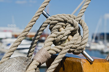 Image showing Blocks and rigging at the old sailboat, close-up