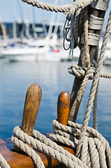 Image showing Blocks and rigging at the old sailboat, close-up