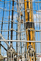 Image showing Blocks and rigging at the old sailboat, close-up