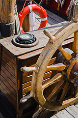 Image showing Steering wheel of an old sailing vessel, close up