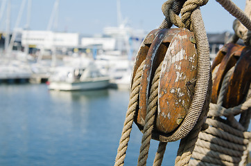 Image showing Blocks and rigging at the old sailboat, close-up