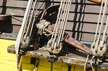 Image showing Blocks and rigging at the old sailboat, close-up