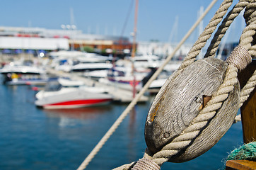 Image showing Blocks and rigging at the old sailboat, close-up