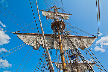 Image showing Mast with sails of an old sailing vessel