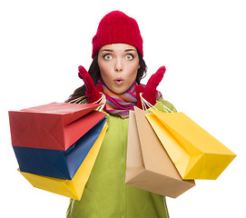 Image showing Mixed Race Woman Wearing Hat and Gloves Holding Shopping Bags