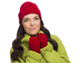 Image showing Grinning Mixed Race Woman Wearing Winter Hat and Gloves