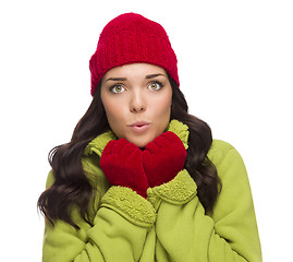 Image showing Chilly Mixed Race Woman Wearing Winter Hat and Gloves