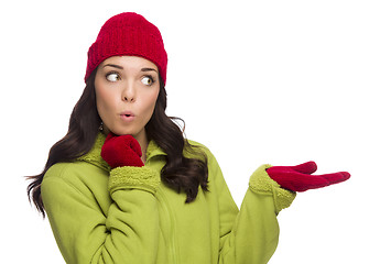 Image showing Mixed Race Woman Wearing Hat and Gloves Gesturing to Side