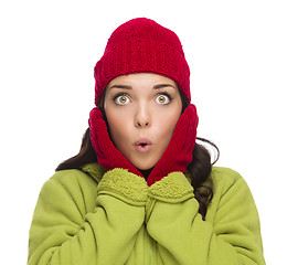 Image showing Stunned Mixed Race Woman Wearing Winter Hat and Gloves