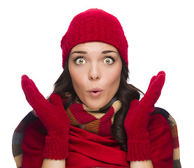 Image showing Stunned Mixed Race Woman Wearing Winter Hat and Gloves