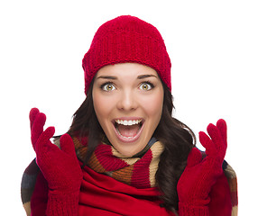 Image showing Ecstatic Mixed Race Woman Wearing Winter Hat and Gloves
