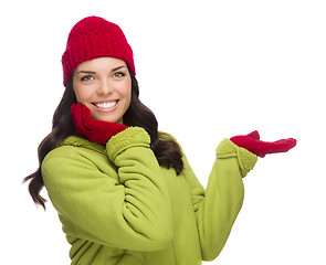 Image showing Mixed Race Woman Wearing Hat and Gloves Gesturing to Side