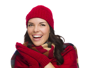 Image showing Excited Mixed Race Woman Wearing Winter Hat and Gloves