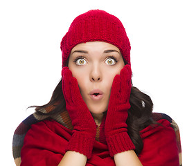 Image showing Stunned Mixed Race Woman Wearing Winter Hat and Gloves