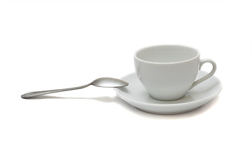 Image showing white cup with spoon and saucer isolated on white background