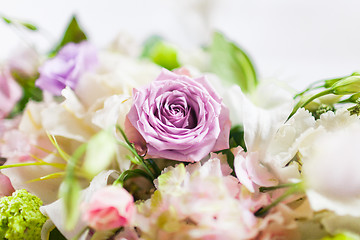 Image showing Tables decorated with flowers. Closeup details