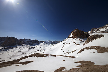 Image showing Snowy plateau and blue sky with sun