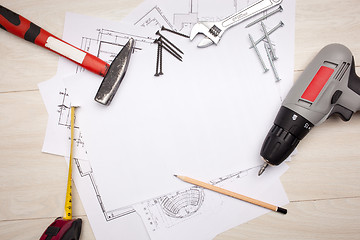 Image showing Blueprints with tools