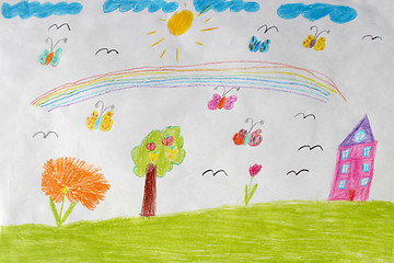 Image showing Children's drawing of house, flowers and rainbow