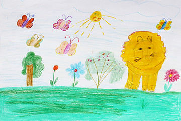 Image showing Children's drawing with butterflies and lion