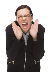 Image showing Angry Mixed Race Businesswoman Yelling at Camera Isolated on Whi