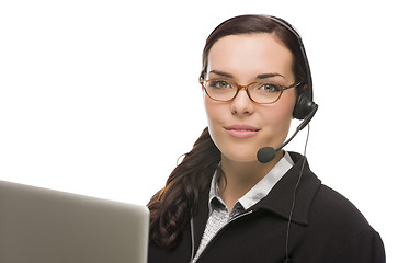 Image showing Mixed Race Receptionist In Front of Computer Wearing Phone Head-