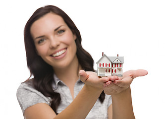 Image showing Happy Mixed Race Woman Holding Small House Isolated on White