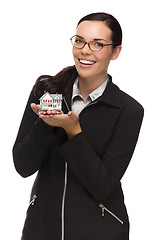 Image showing Mixed Race Woman Holding Small House Isolated on White 