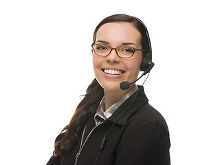 Image showing Friendly Mixed Race Receptionist Wearing Phone Head Set