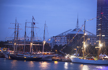 Image showing Illuminated The tall ships races ships in Riga