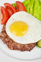 Image showing steak beef meat with fried egg