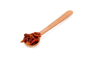 Image showing red chili peppers in wooden spoon