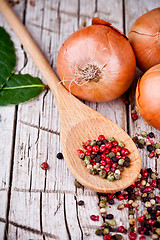 Image showing fresh onions and peppercorns