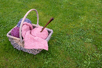 Image showing Basket of knitting, needles and wool on a lawn