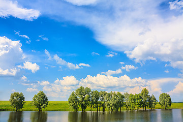 Image showing Calm River. Clouds Reflection On Lake