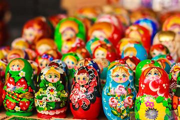 Image showing Colorful Russian nesting dolls at the market