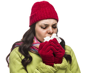 Image showing Sick Mixed Race Woman Blowing Her Sore Nose with Tissue
