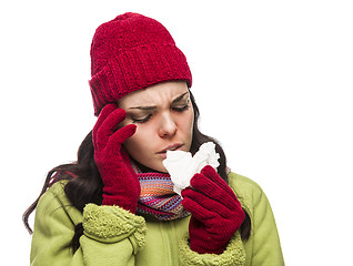 Image showing Sick Mixed Race Woman Blowing Her Sore Nose with Tissue
