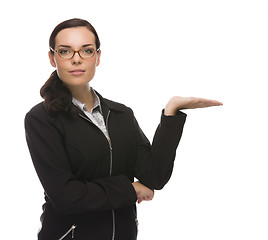 Image showing Confident Mixed Race Businesswoman Gesturing with Hand to the Si