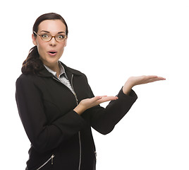 Image showing Confident Mixed Race Businesswoman Gesturing with Hand to the Si