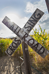 Image showing Antique Country Rail Road Crossing Sign Near a Corn Field
