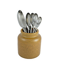 Image showing Metal measuring spoons in a ceramic pot