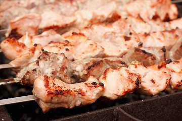 Image showing Juicy slices of meat with sauce prepare on fire (shish kebab) 