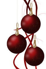 Image showing Christmas balls hanging with tapes isolated on white background.