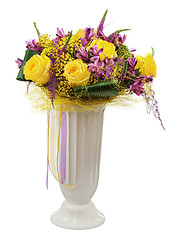 Image showing Floral bouquet of yellow roses and orchids arrangement centerpie