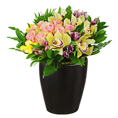 Image showing Floral bouquet of roses, lilies and orchids arrangement centerpi