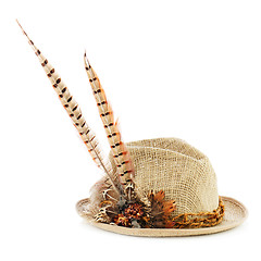 Image showing Hunting hat with pheasant feathers isolated on white.