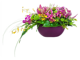 Image showing Colorful flower bouquet arrangement centerpiece in vase isolated