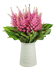 Image showing Colorful bouquet from astilbe and funkia flowers in vase isolate