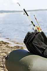 Image showing Fishing gear in an inflatable boat after fishing.